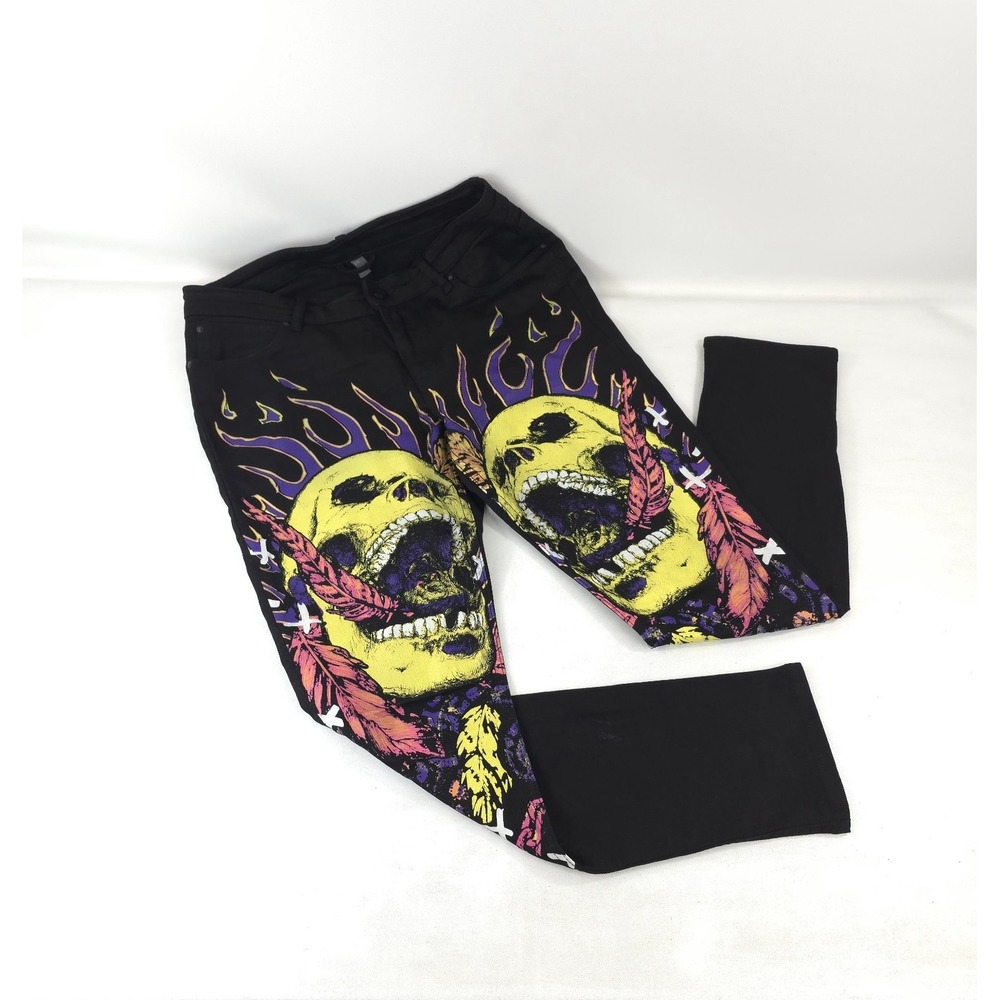 ASOS Mens Jeans 32x30 Skinny Fit Skull Flames Graphic Y2k Skater Biker Hip Hop